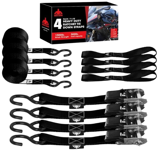 ラチェットタイダウンストラップセット、破断強度1500ポンド、1インチ x 15フィートの高耐久ラチェットストラップ、4Xソフトループパッド入りハンドル、コーティングされたSフック付き、移動家電オートバイATVトラックに適合、ブラック